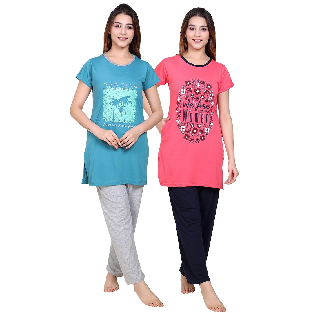 twenty me Women's Cotton Printed Night Suit Set | Pack of 2 Stylish T-shirt & Pajama Combo for Women | Summer Loungewear Nightwear Set-picture-34