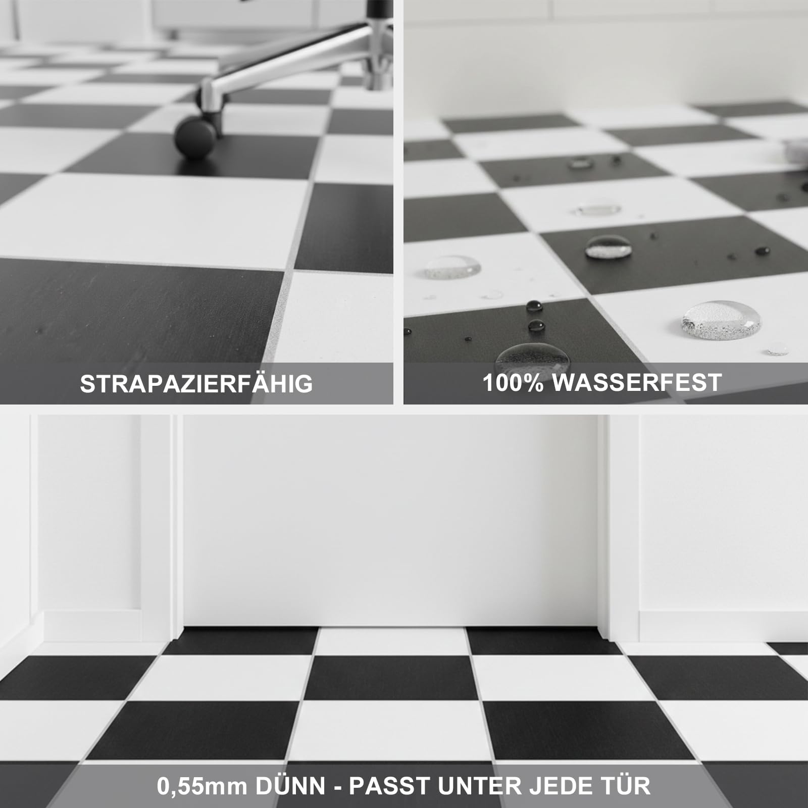 Selbstklebende PVC Bodenfliesen 30x30 cm - Schachbrettmuster Schwarz Weiß Bodenbelag - Wasserdichter & Rutschfester Vinylboden Belag (0.55 mm) - Für Küche, Bad, Wohnzimmer Klebefliesen 50 Fliesen