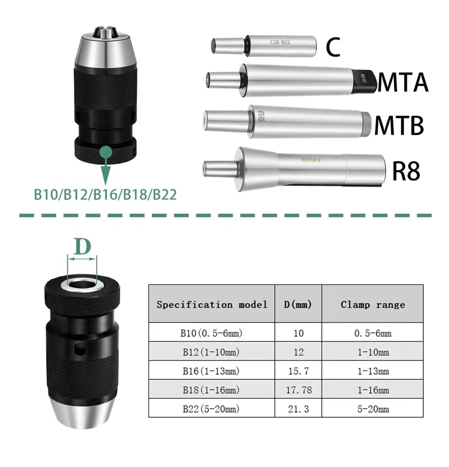 MT2 MT3 MT4 MT5 R8 C10 C12 C16 C20 B10 B12 B16 B18 B22 Uchwyt wiertarski Tokarka CNC Maszyna samozaciskowa | MTA2-B16 (1-13mm)
