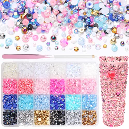 10000Pcs Flatback Pearls and Rhinestones for Crafting, Pink Blue Gold Black White 3-6mm Color Half ABS Flatback Half Pearl Beads Gems Bedazzling for Nails Art Crafts DIY Shoes Clothes Bags