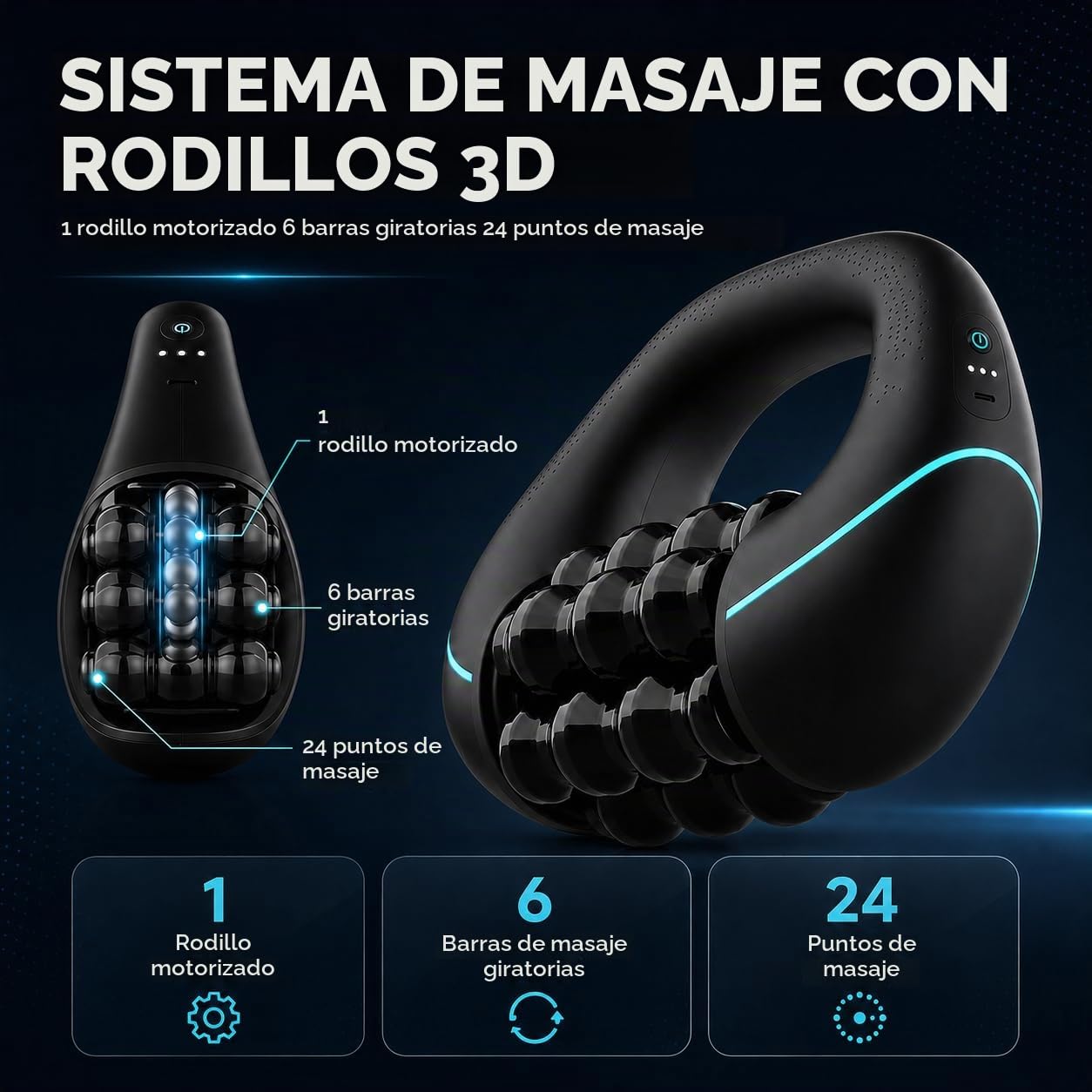 Rodillo Masajeador Eléctrico Corporal, Dispositivo Portátil de Masaje Muscular Profundo con Mango, 3 Velocidades Ajustables para Piernas, Brazos y Espalda
