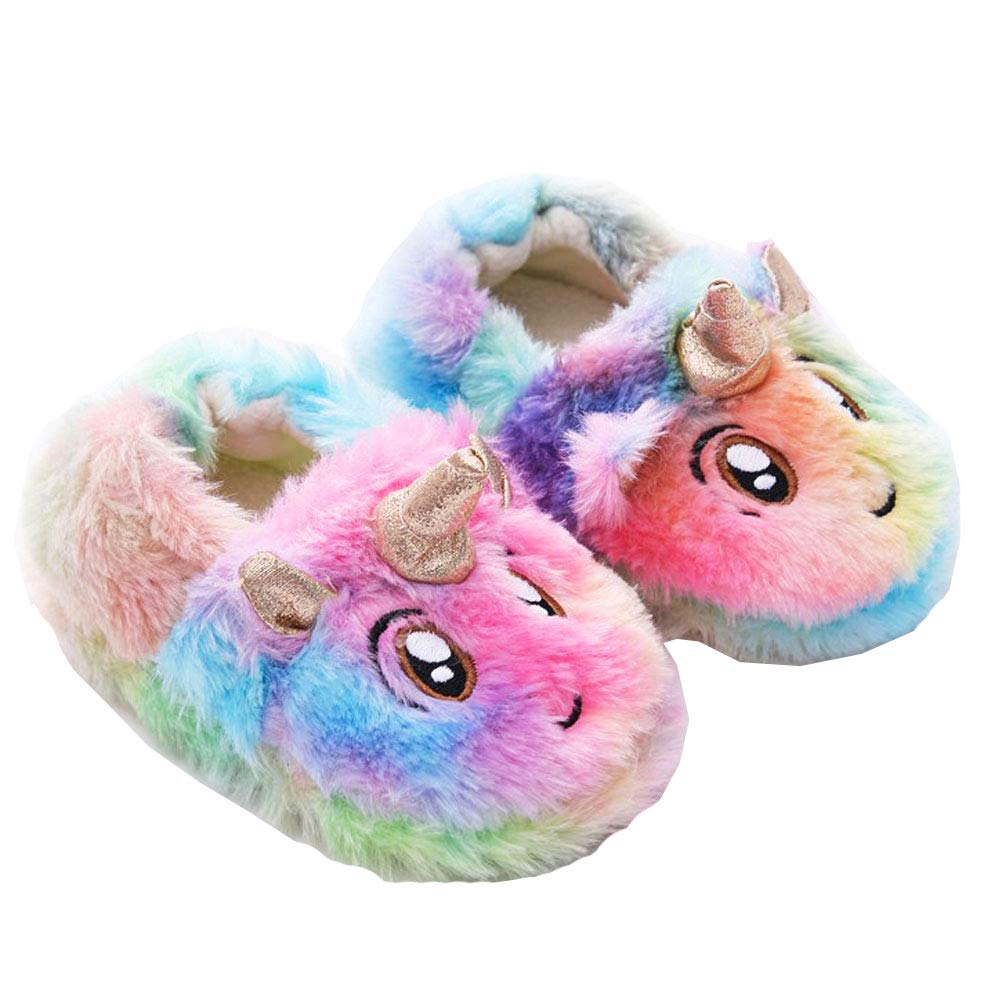 UniyoungKids Girls Rainbow Unicorn Slippers Toddler Children Winter Plush Warm Indoor Shoes Slip On House Slippers Gift for 1-6 Years Old Girls