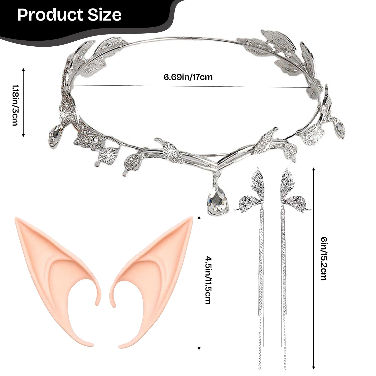 GAZIL Set of 3 Crystal Princess Elven Headpiece with Large Elf Ears Adult & Silver Angel Wing Earrings - Image 2