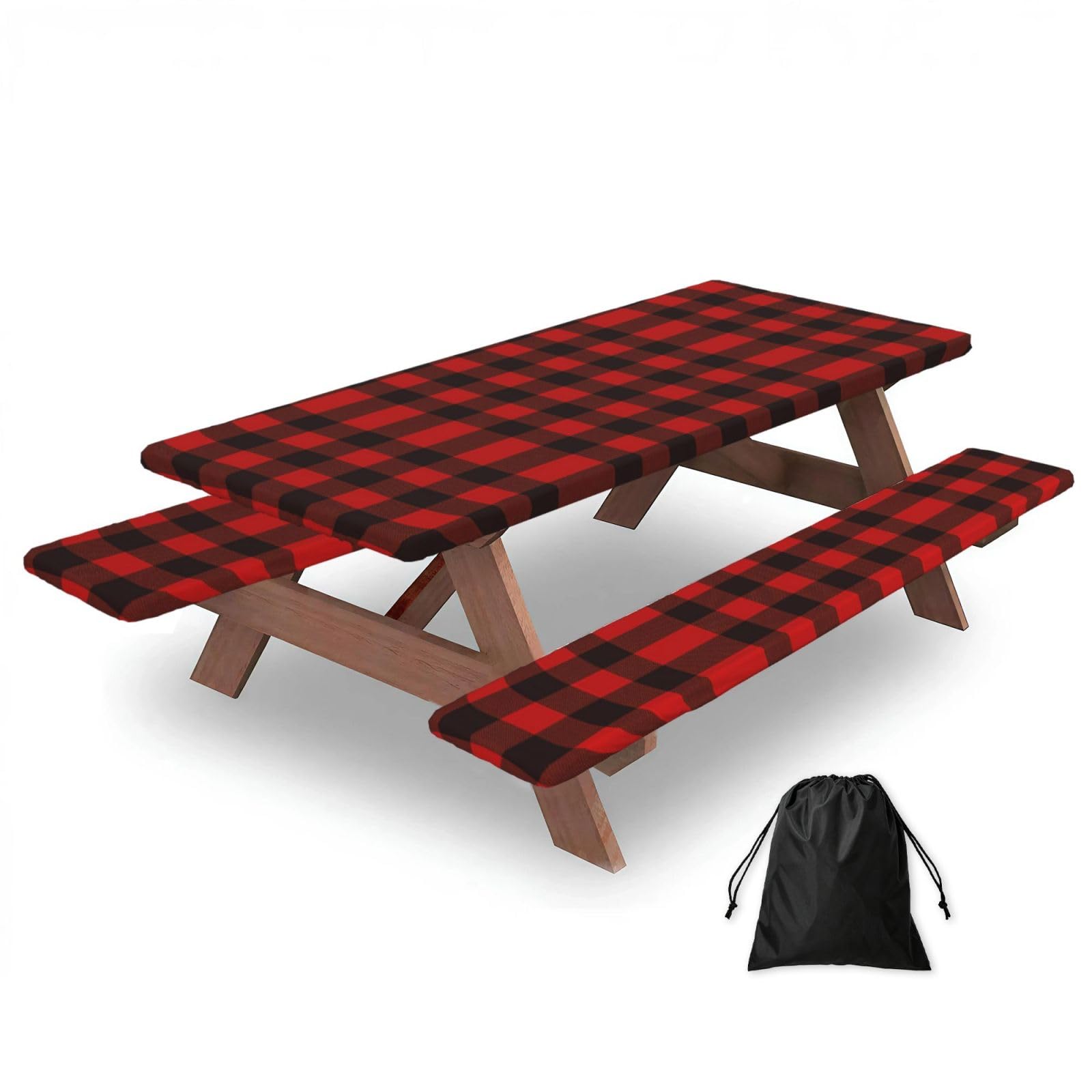 Duwaa Black Plaid Red And Print 183Cm Picnic Table Cover With Bench Covers, Waterproof Elastic Tablecloth Set For Outdoor