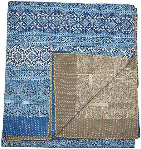 Crafts Creation Queen Size Reversible Vintage Indian Kantha Quilt, Handmade Bedspread, Hand Block Ajrak Print, 100% Cotton Bedspread Blanket Both Side Quilt Queen 80x108 inch