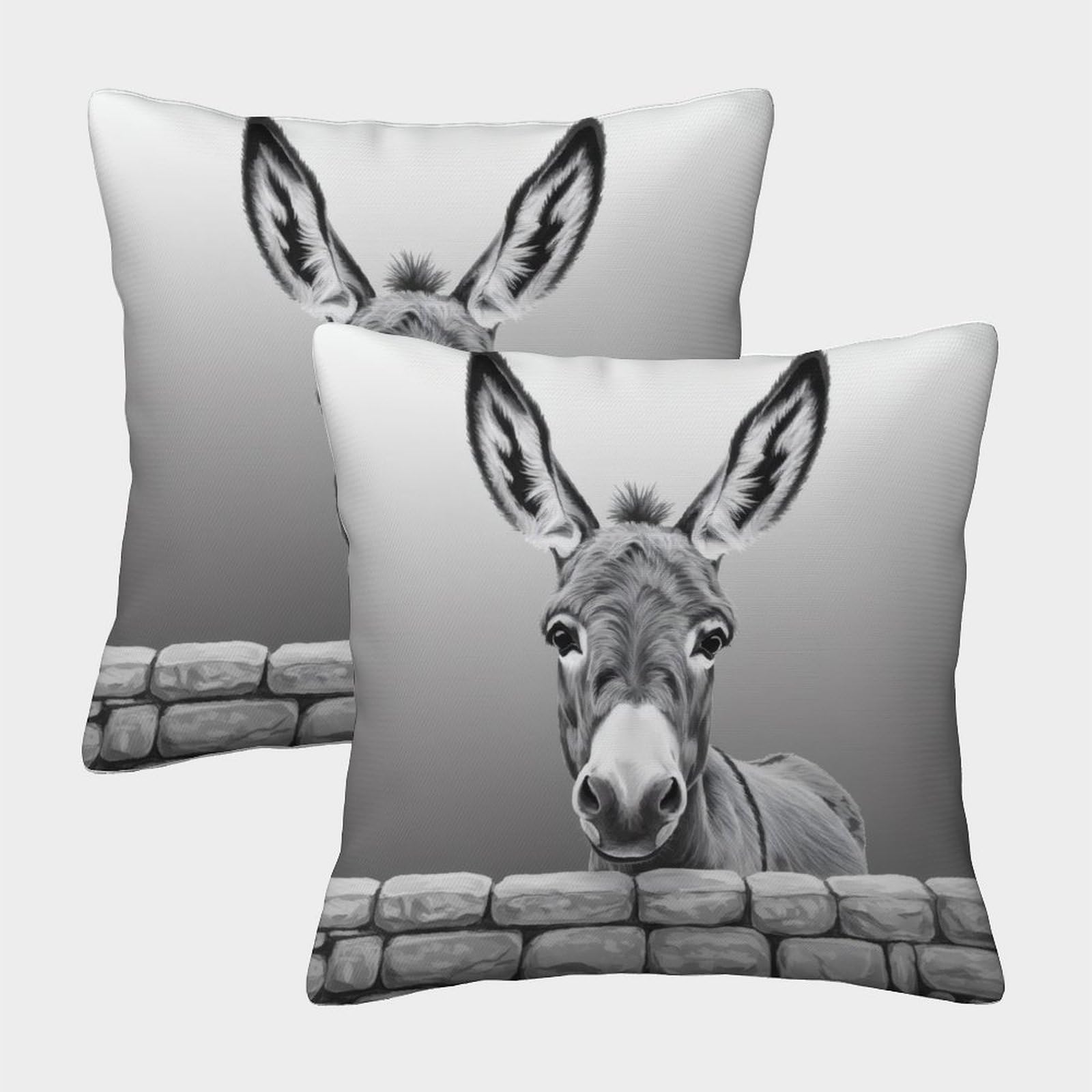 Donkey Portrait—Black And White Animal Art Pillow Covers 2 Pack Cozy Pillowcase Art Cushion Covers with Invisible Zipper Decorative for Couch Livingroom 40x40cm