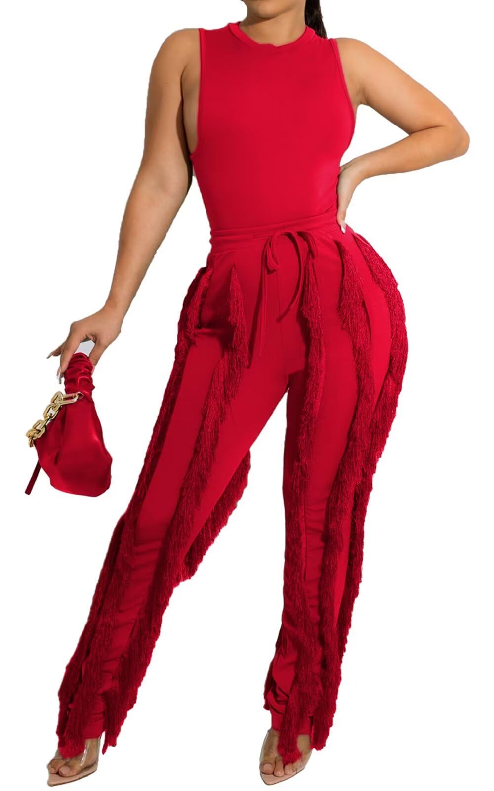 EDITCOZY Women Sexy Two Piece Outfits Fringe Pants Set Club Party Going Out
