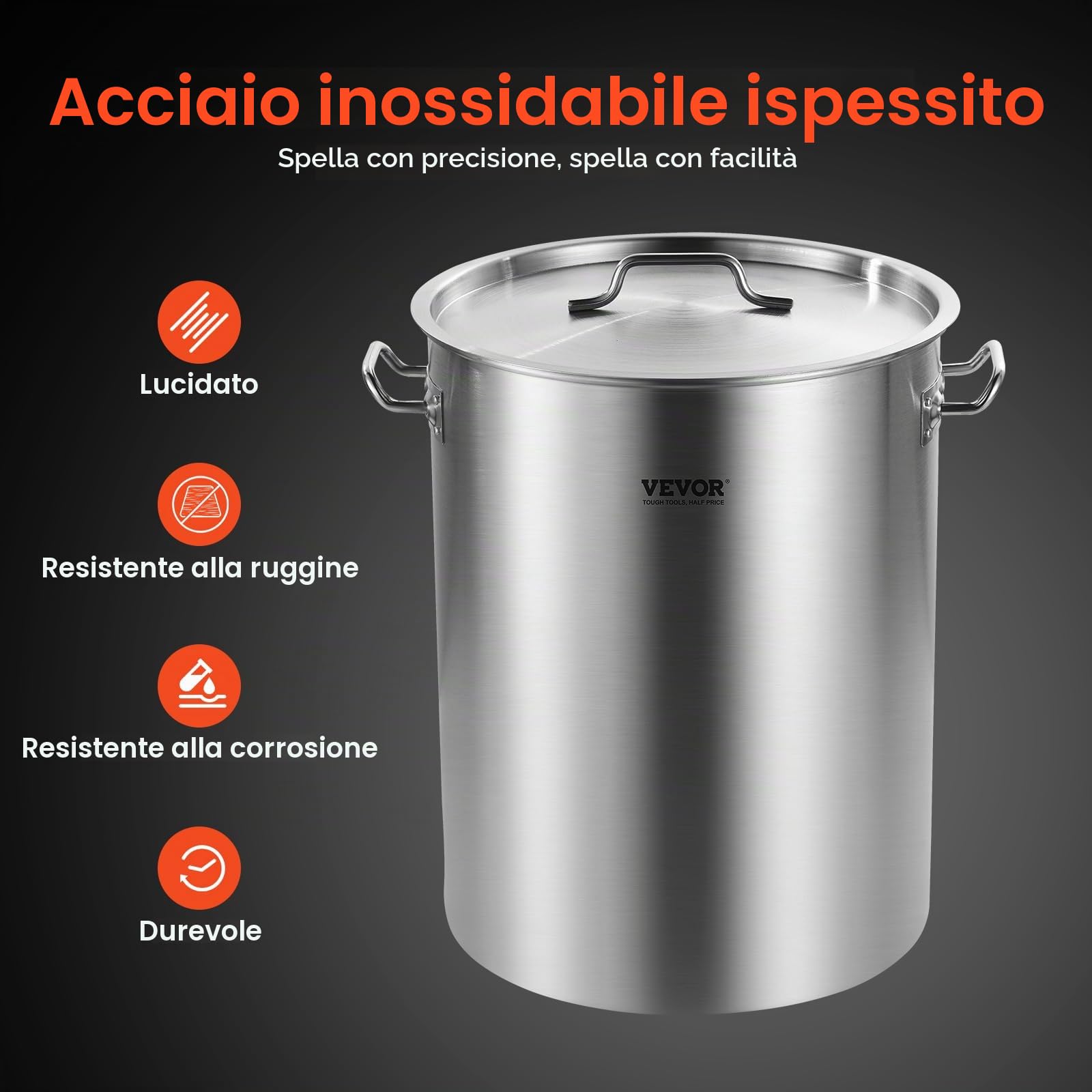 VEVOR Pentola in acciaio inox, pentole da 36 litri, pentola per salsa con cestino, coperchio e manico, pentola resistente di grado commerciale, trattamento levigatura, per cottura a vapore o frittura