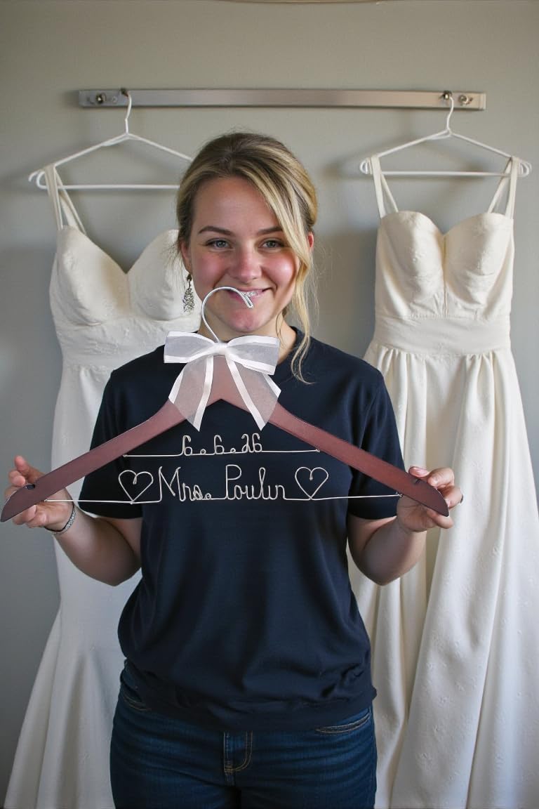 Wedding Hanger for Bride Dress Groom Suit - Custom Personalized Name or Add Date White or Dark Wood Hanger with Notches - Silver or Gold Wire Writing - 9 Bow Colors - Shower Judge Doctor Gift