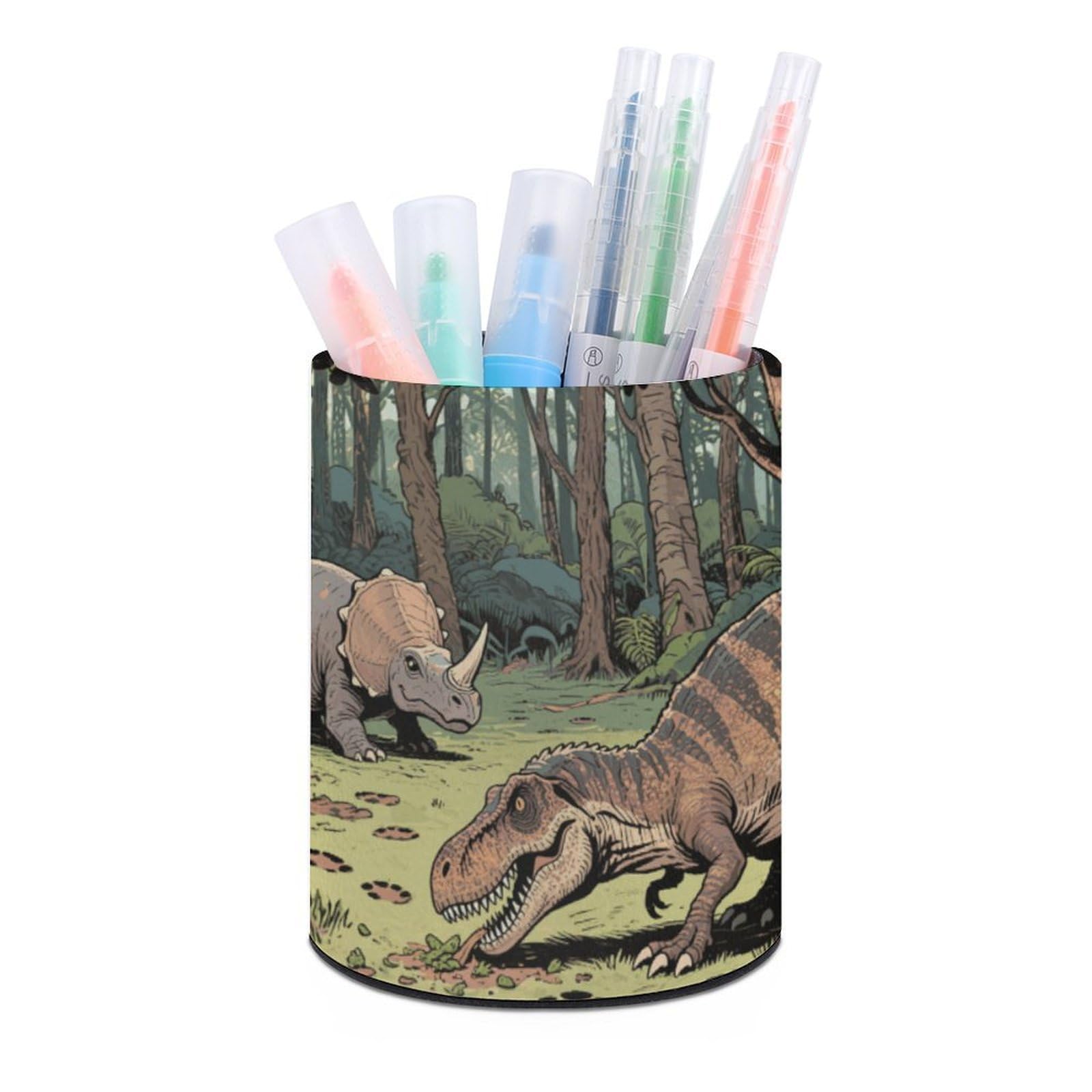 VstaDank Dinosaur Jungle Pen Holder PU Leather Pencil Cup Minimalist Desk Pencil Holder Round Make Up Brush Organizers For Office Dorm Room&Vanity Desk Accessories