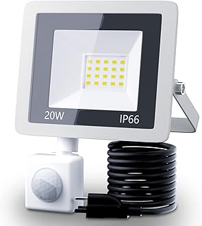 20W Plug in LED Motion Sensor Flood Light, PIR Induction Lamp, Dusk to Dawn Outdoor Auto ON/Off, 6500K Security Spot Daylight, IP66 Rainproof Work Light for Garage Yard Patio Porch Doorway Wall