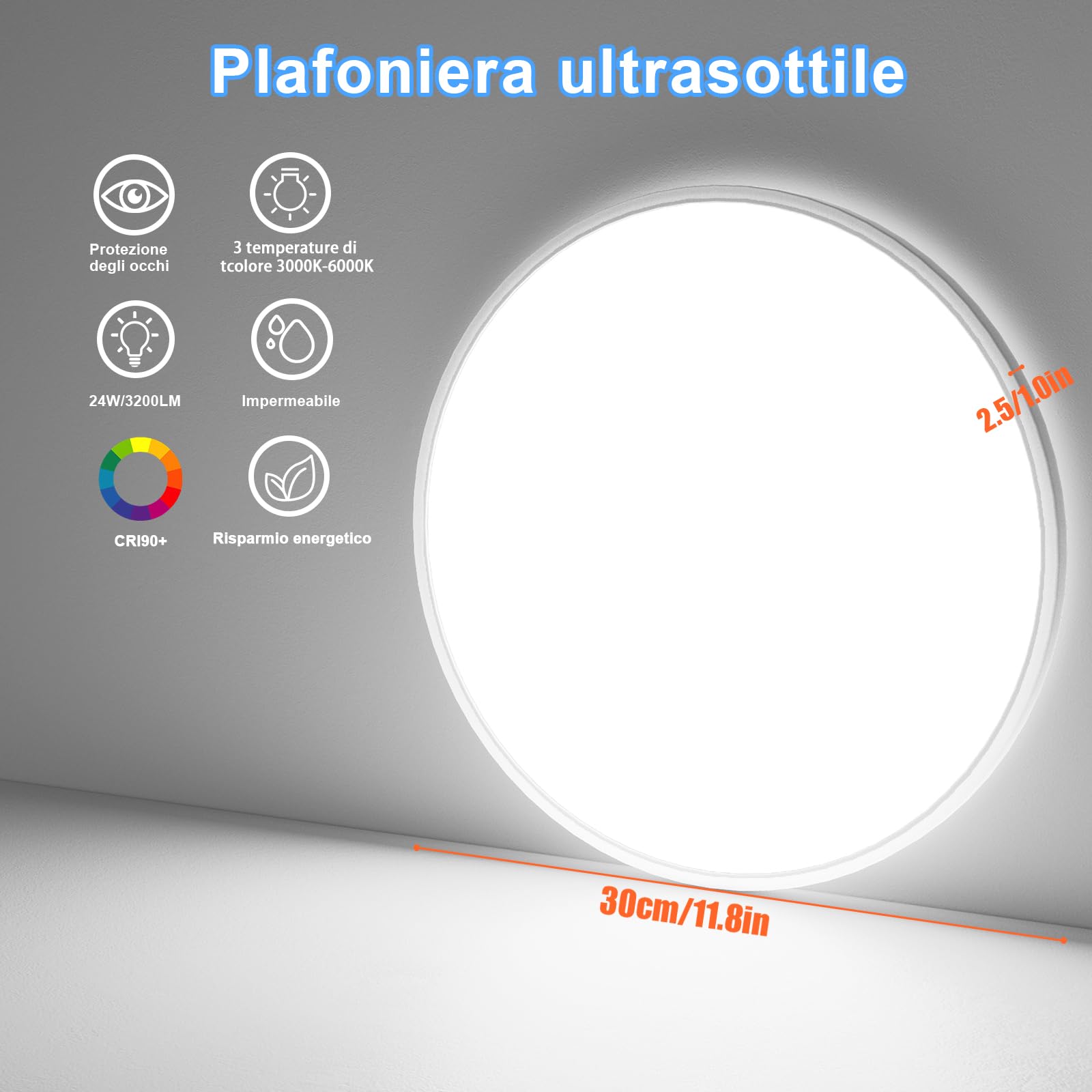 Yexati Plafoniera Soffitto 30CM, 24W 3200LM Lampada da Soffitto 6000K/4000K/3000K IP54 Impermeabile Rotonda Piatta Plafoniere Moderno Sottile per Soggiorno Bagno Cameretta Cucina Seminterrato Ufficio