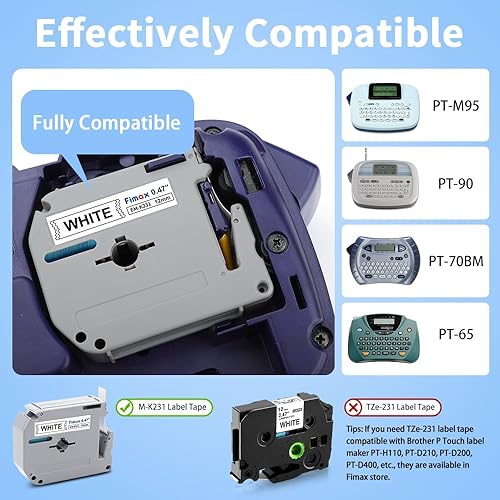Miniatura 2 de Fimax - Cinta de etiquetas de repuesto compatible para Brother P-Touch M Tape M231 MK231 MK-231, 0.47 pulgadas, para usar con Brother P-Touch