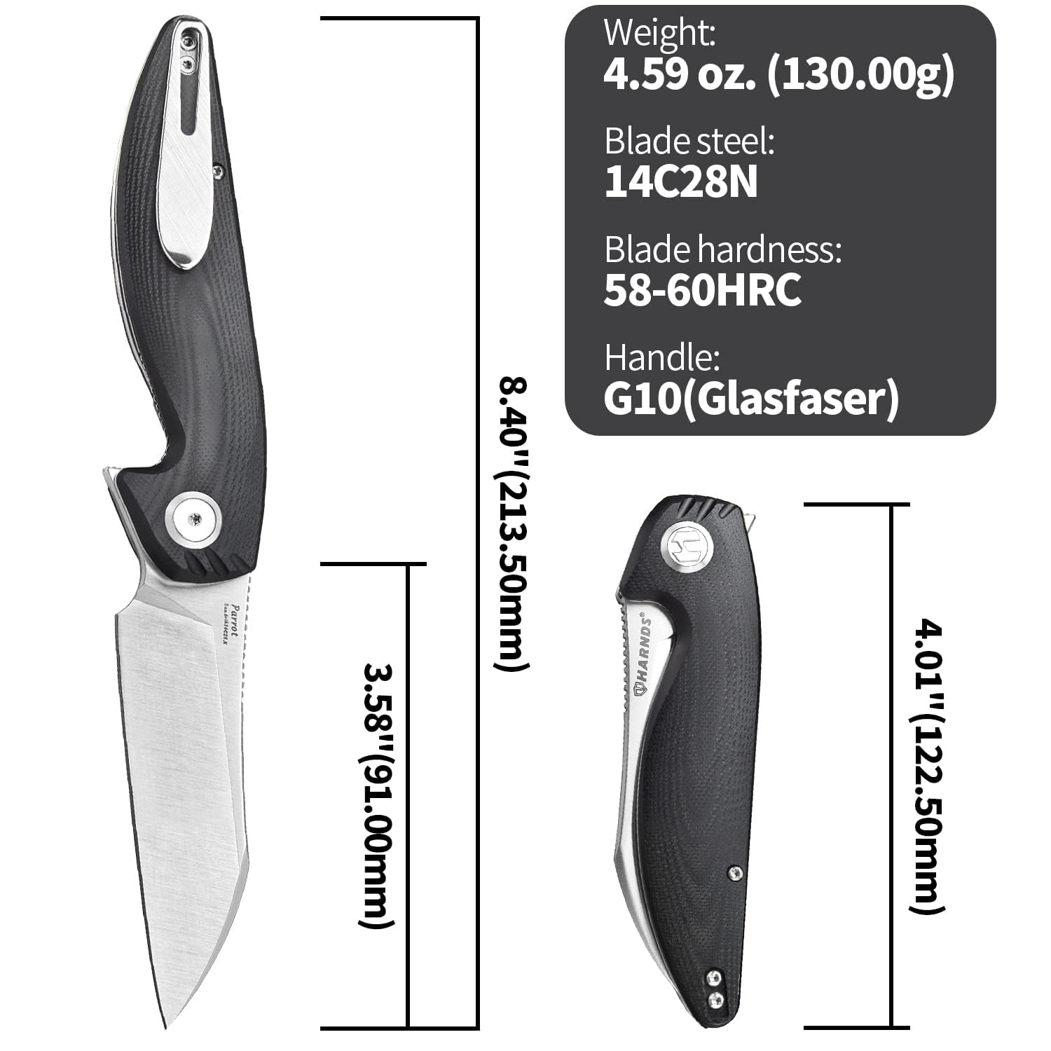 HARNDS Parrot Premium Coltello pieghevole con lama Sandvik 14C28N da 3,58" e manico in G10 con clip, chiusura con liner per l'EDC e il campeggio all'aperto. (Nero)