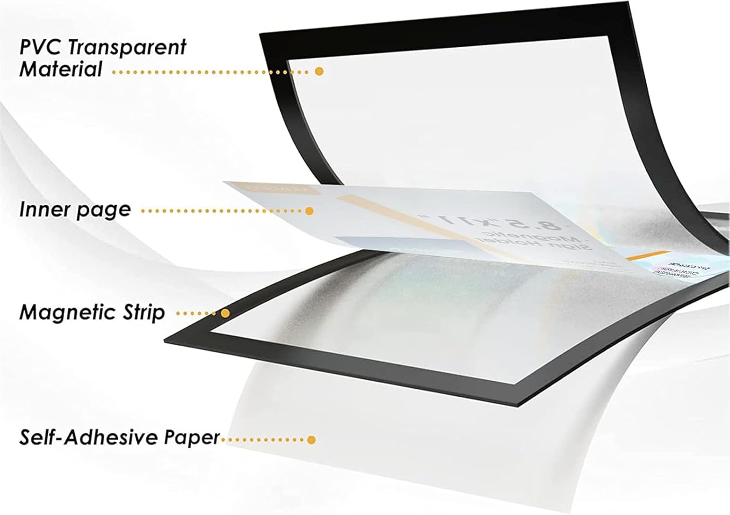 Magnetic Sign Holder 8.5 x 11 Wall Mount, Self Adhesive Display Picture Frames with Strong Magnetic Border and Clear PVC, Document Poster Paper Holder for Home Office Store, (8.5X11,silver6Pack 6 包) (black12Pack)