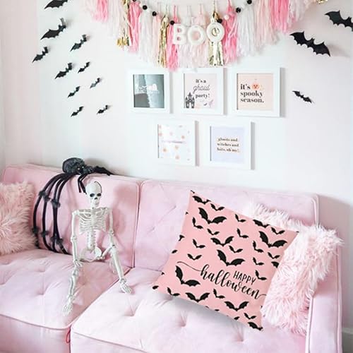 Miniatura 4 de PANDICORN Juego de 4 fundas de almohada rosas de Halloween de 18 x 18 pulgadas, diseño de murciélagos de esqueleto, gato negro, fantasma, decoración