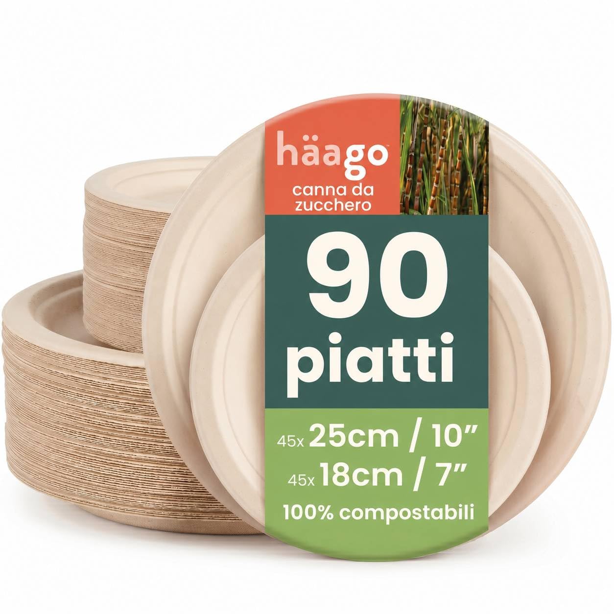 HAAGO 90 Piatti Compostabili Resistenti 25cm + 18cm – Piatti di Carta Biodegradabili Robusti in Bagassa di Canna da Zucchero, Antigrasso & Anti-Perdita, per Cibi Caldi/Freddi, Feste, Buffet & Catering