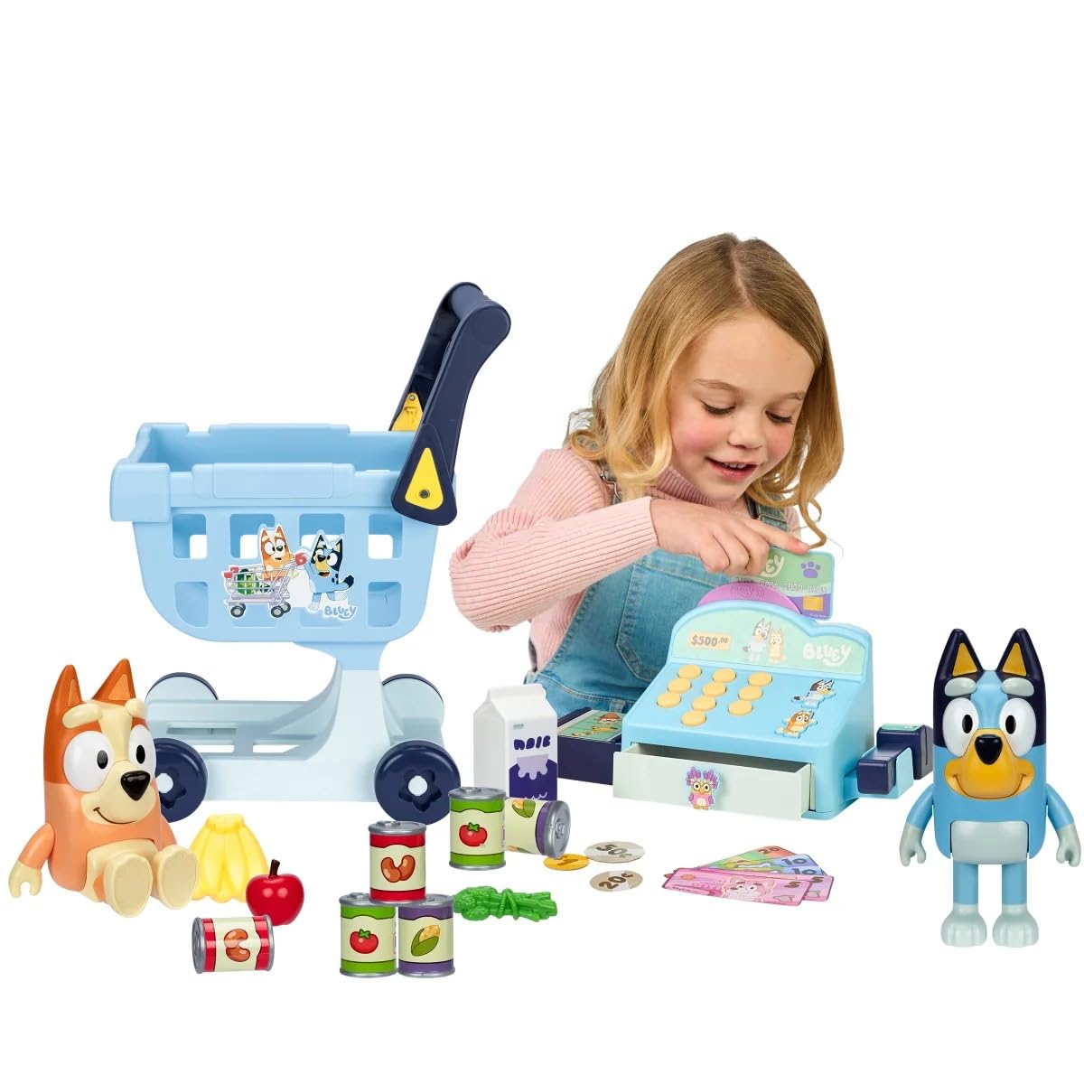 Bluey My Size - Juego de Compras para Carrito de Compras y Caja registradora-Figuras de Bluey y Bingo, 22 Accesorios de Compra