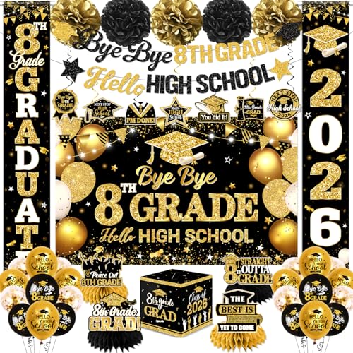 8th Grade Graduation Decorations Black Gold Bye Bye 8th Grade Hello High School Decorations Banner Hanging Swirls Honeycomb for Middle School Graduation Decorations