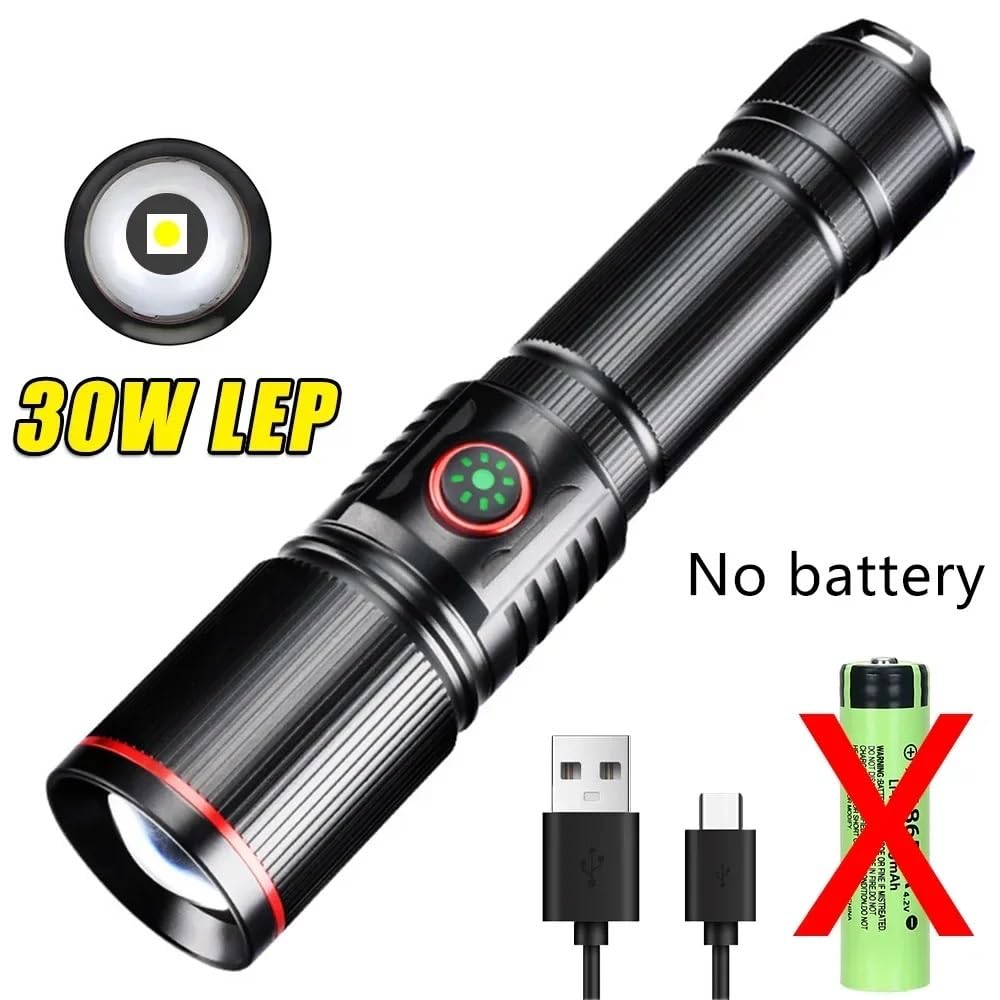 30W Zoom High LED Power latarka USB akumulatorowa latarka taktyczna lampa kempingowa Outdoor polowanie wędkarstwo oświetlenie spacerowe latarnia(No battery)