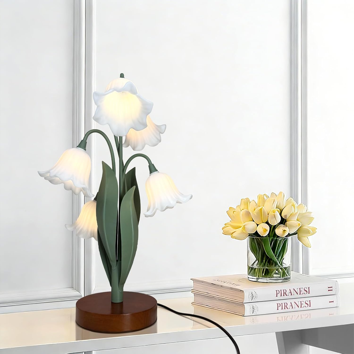 Flower Table Lamp for Bedroom,Cute Reading Light with 5 Wind Chime Grass Flower of The Valley,Desk Lamp Bedside Lamps for Nightstands Home Decor,Soft Reading Night Light for Bedroom Living Room Office
