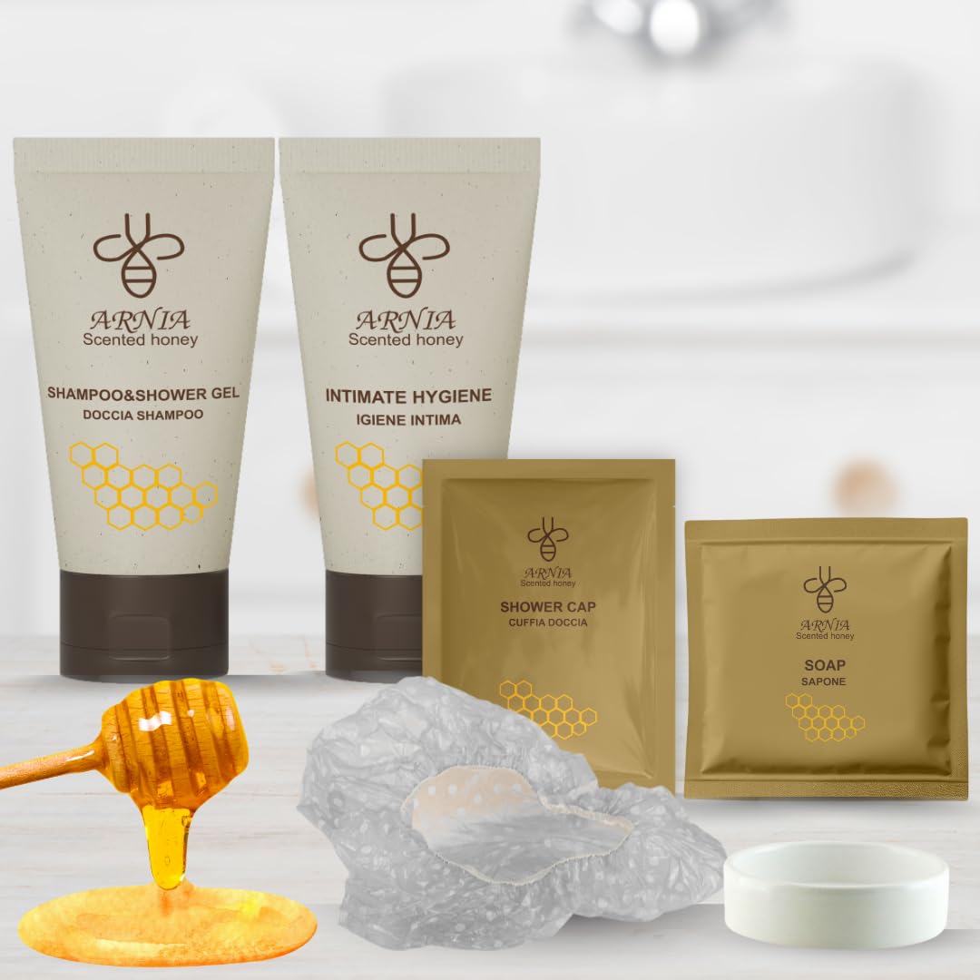 B&B Hotel Kit Cortesia Bagno Monouso 225 Pezzi Shampoo Doccia 20ml Igiene Intima 20ml Sapone Tondo Cuffie Doccia