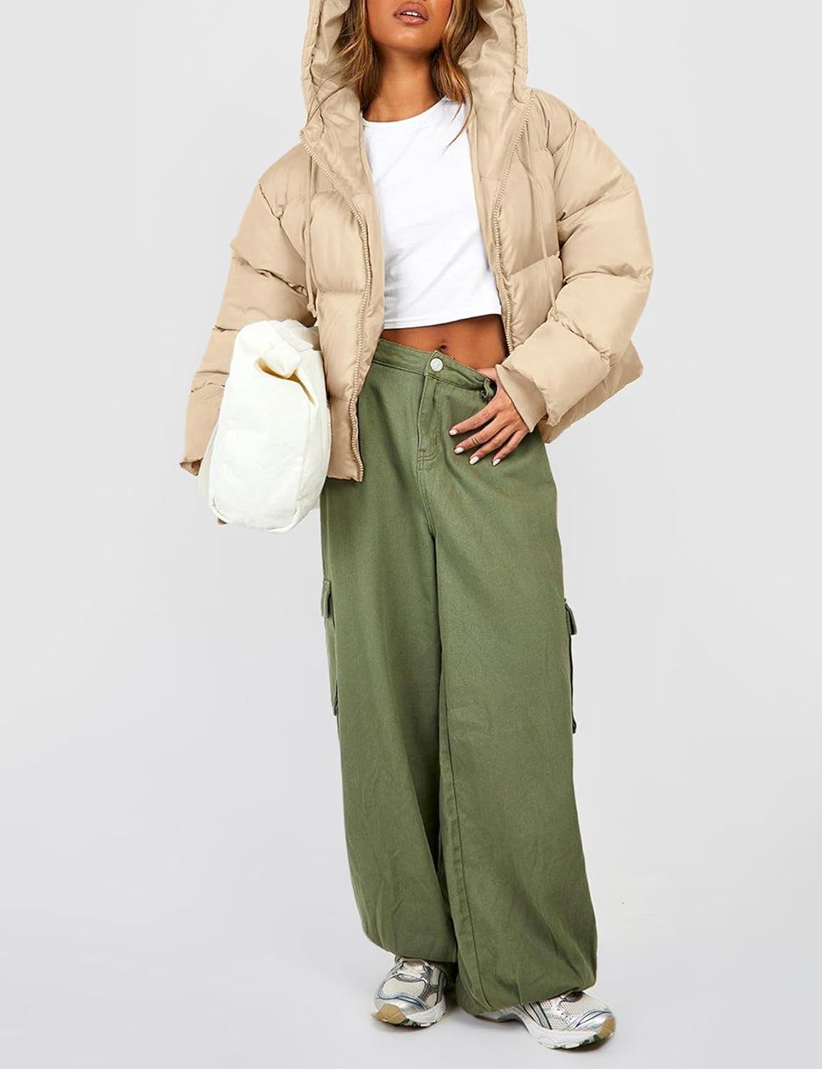 Wyeysyt Women's Cropped Puffer Jackets Winter Warm Lightweight Quilted Jackets Hooded Full Zip Coats with Pockets(Khaki-L) - Image 3