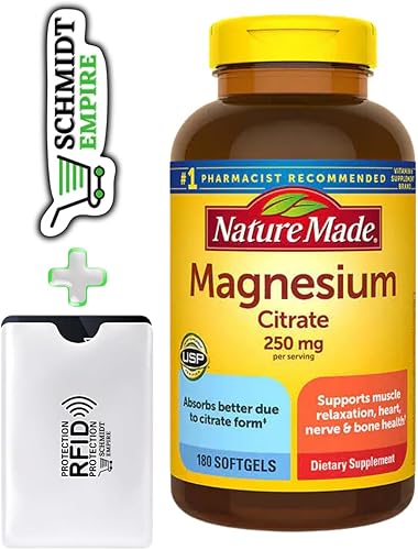 Miniatura 1 de Nature Made - Suplemento dietético de citrato de magnesio de 250 mg, 180 cápsulas blandas + 1 protector de tarjeta SchmiidtEmpire + adhesivo