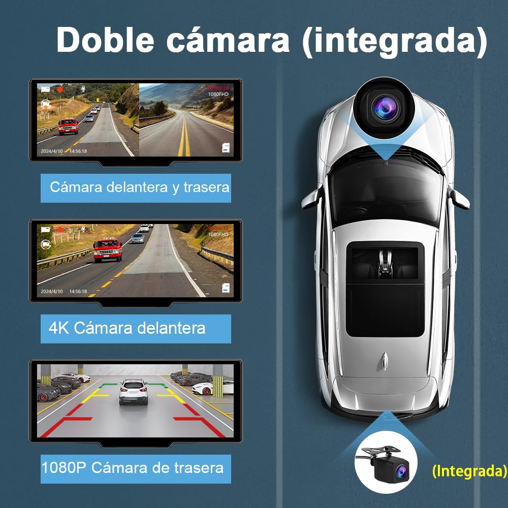 AWESAFE 10.26 Pulgadas Pantalla Coche con Carplay Android Auto, Pantalla Táctil con 4K Dashcam, 1080P Cámara Trasera Incluida, Comandos de Voz, Bluetooth/GPS/FM/AUX/MirrorLink