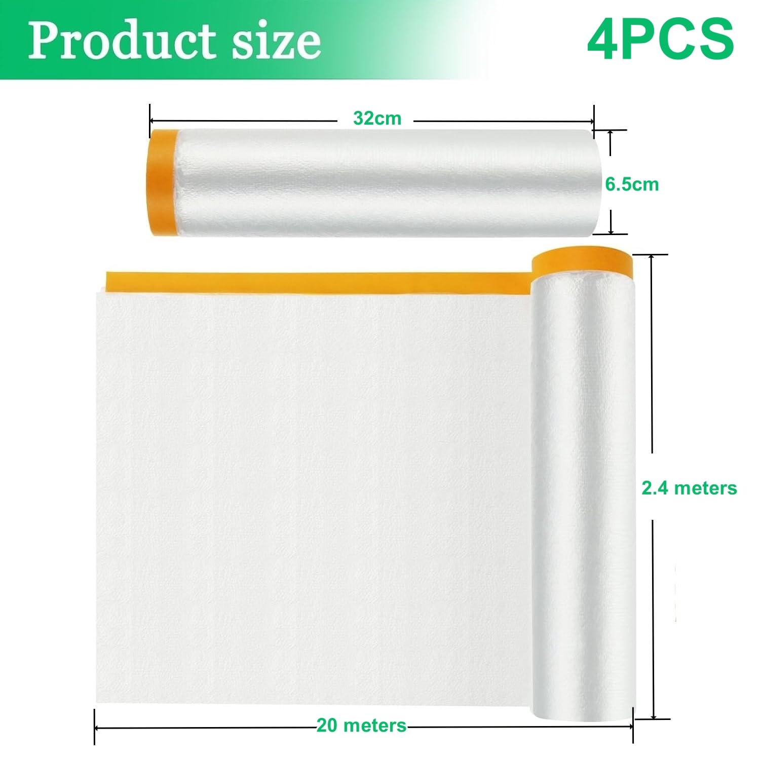 Bâche De Protection Peinture 80m - 4 Rouleaux Avec Ruban Adhésif, 2 Tailles (1.5x20m + 0.55x20m)