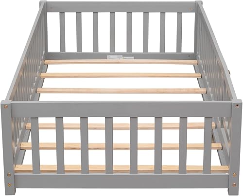 Miniatura 6 de i-POOK Cama de plataforma de suelo tamaño individual, marco de cama Montessori con barandillas en forma de valla y puerta, marco de cama de madera