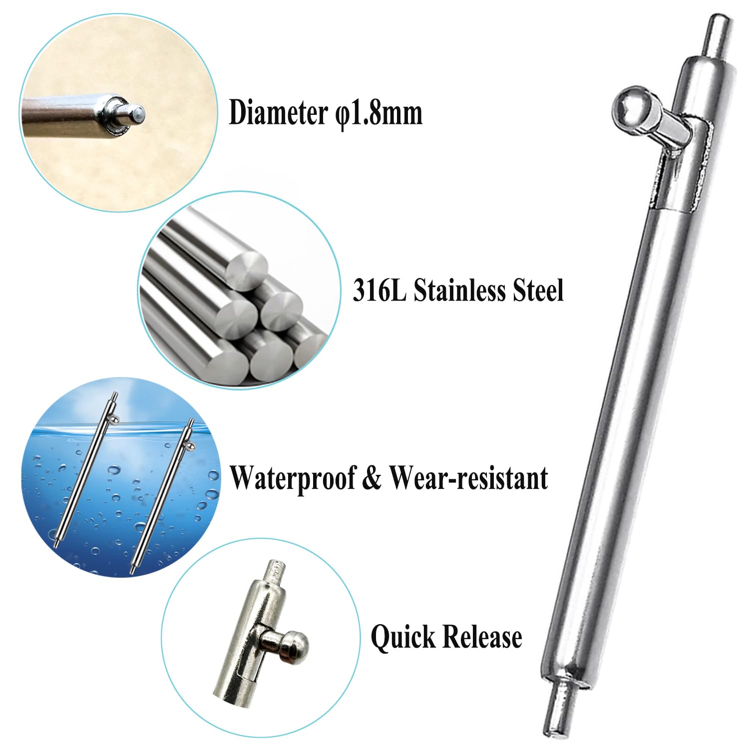 TICFROG 10pcs Quick Release Spring Bars 22mm Stainless Steel Watch Band Pins 1.8mm Diameter for 22mm Watch Band Strap Pins Replacement