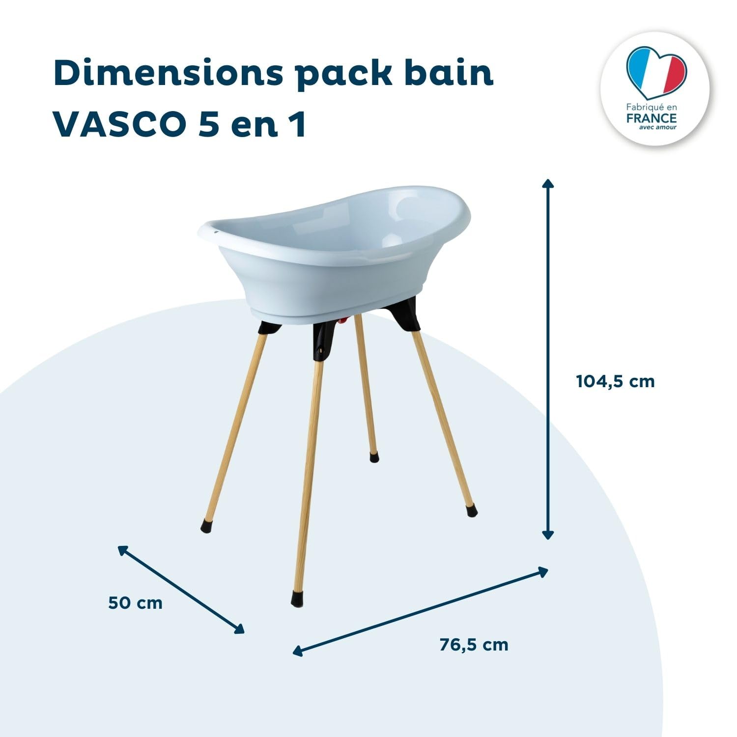 THERMOBABY - Pack Baignoire Bébé VASCO 5 En 1 - Baignoire, Pied En Bois, Tuyau De Vidange, Transat De Bain, Thermomètre - Fleur Bleue - Pliable & Stable - Fabriqué En France