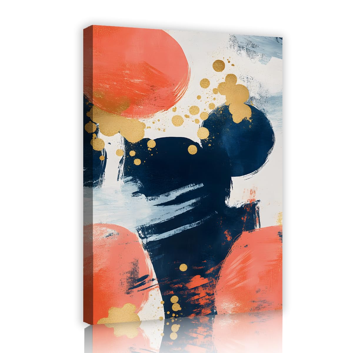 TOANGWALL Modern Abstract Geometric Framed Canvas Artwork Navy Blue Coral Red Gold Circles Splash Picture Stretched Poster for Living Room Office Decor 60x90cm
