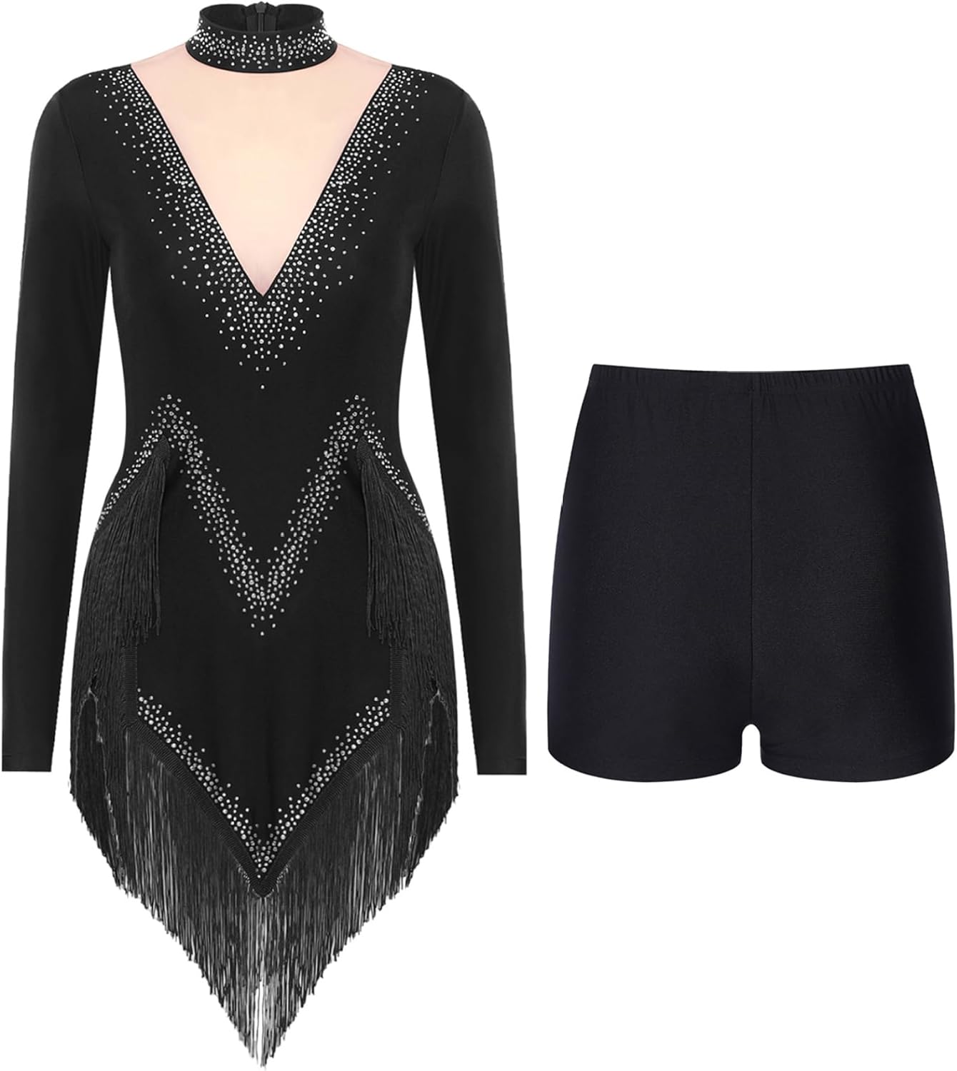 Women Tassel Latin Jazz Dance Costume Long Sleeve Asymmetrical Bodysuit with Shorts 2 Piece Outfit