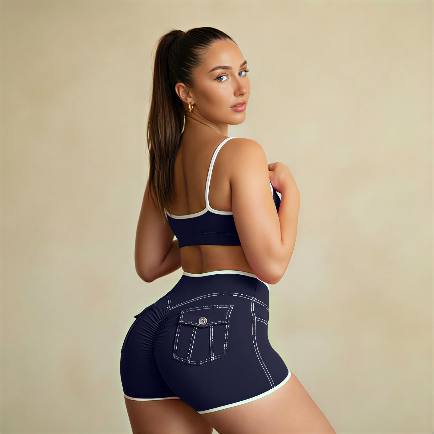 SEASUM Booty Butt Scrunch with Pockets Cargo Shorts V Waist Color & Stitching Gym Yoga Workout - Image 4