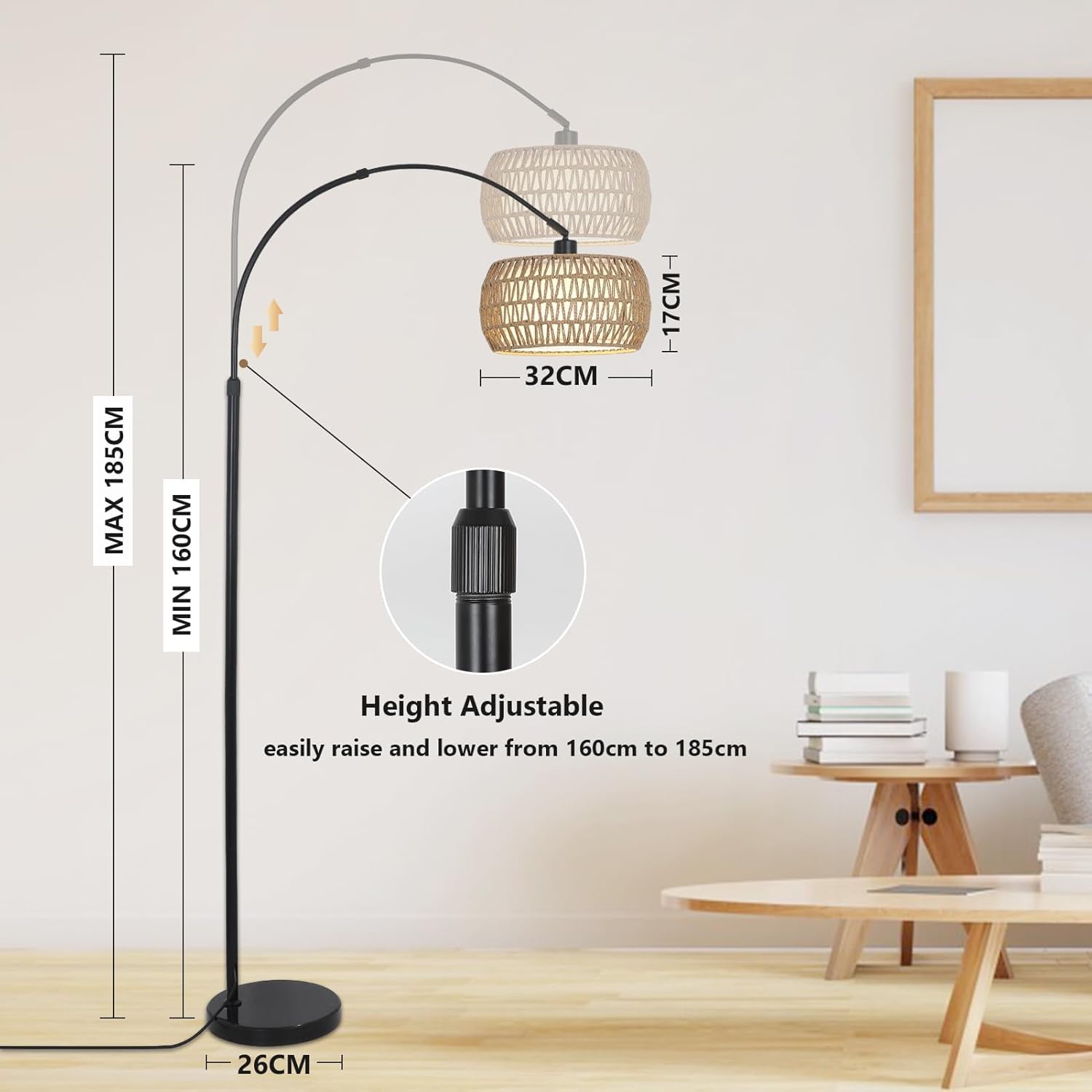 Rayofly Lampada ad arco per soggiorno, lampada da terra boho con paralume in rattan, lampada da terra vintage con telecomando e lampadina a LED, controllo app, dimmerabile, per camera da letto