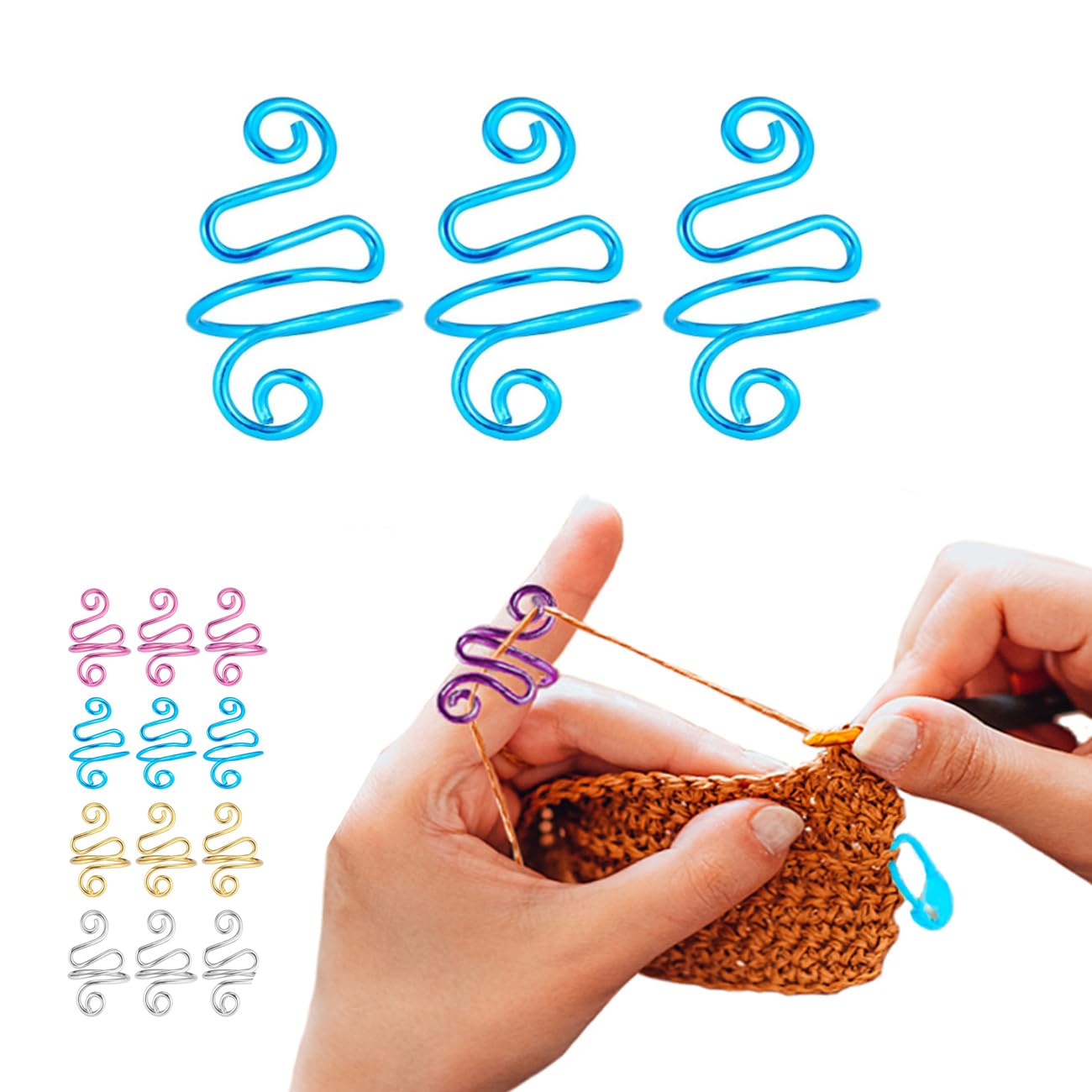 3 PCS Hand Crochet Tension Rings, Crochet Finger Guard, Yarn Tension Control Rings for Lefties and Righties, Adjustable Companion Rings, Gifts for Hand Crocheters Knitters, Moms (Blue)