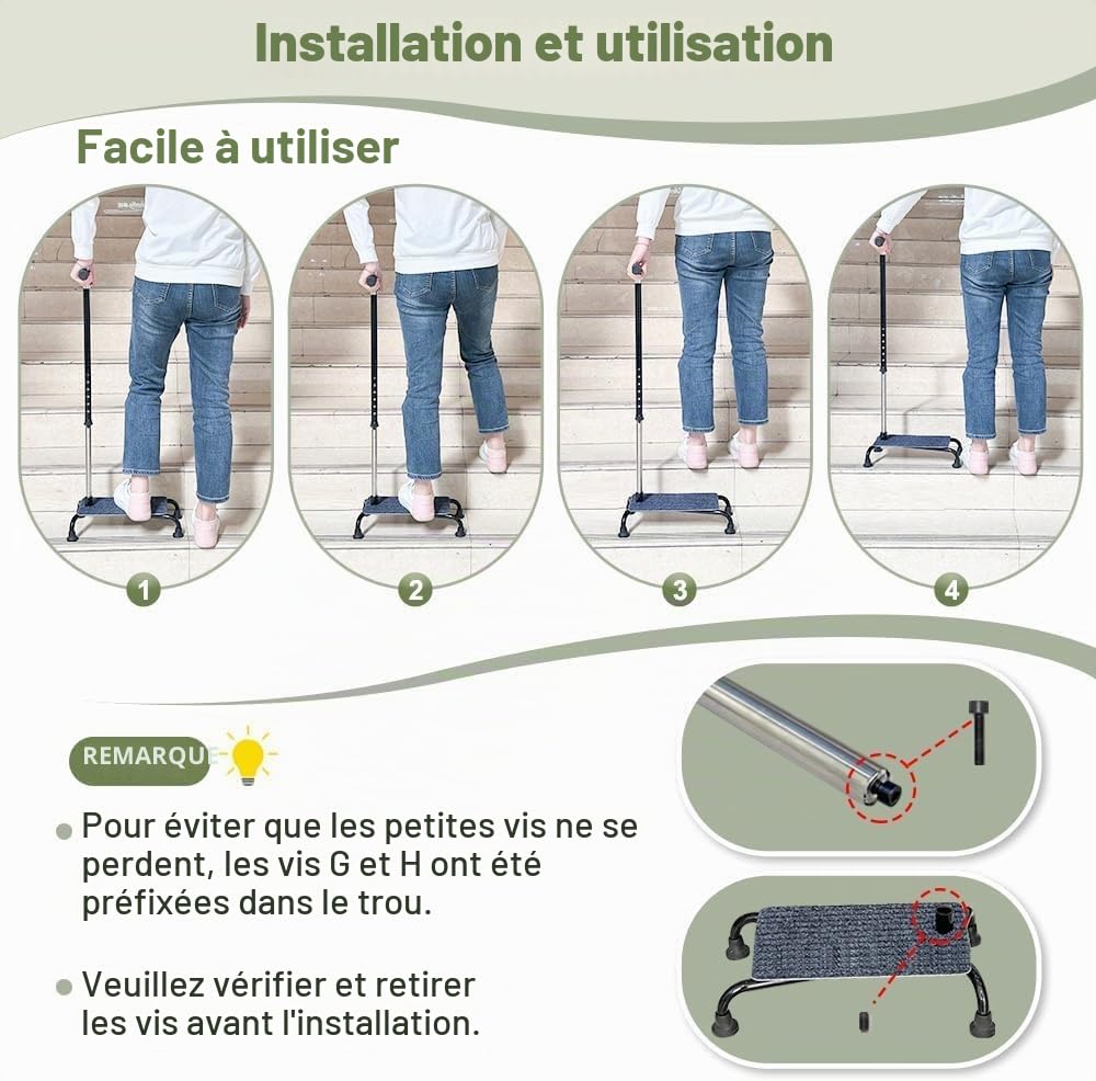Canne d'Escalade pour Personnes Âgées - Demi-Marche, Aide à l'Ascenseur d'Escalier, 4 Broches, Grande Base Quad, Bâtons de Marche Réglables