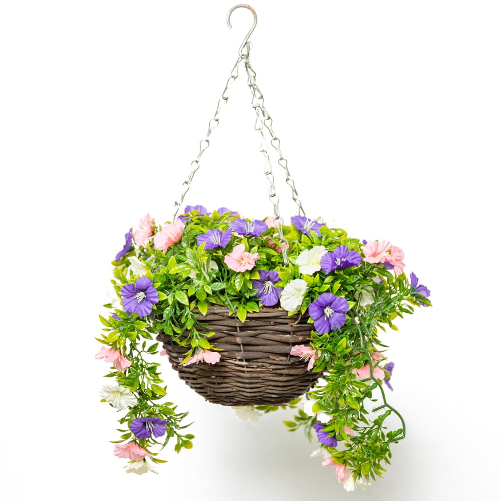 Primrose Premium Large Artificial Outdoor Hanging Baskets With Flowers (White, Purple & Pink Petunia, Set of 1) โ image 1