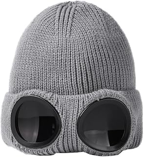 Unisex Knitted Goggles Beanie Hat, Winter Outdoor Ski Hat Warm Fleece Lined Hat Skull Cap for Men Women