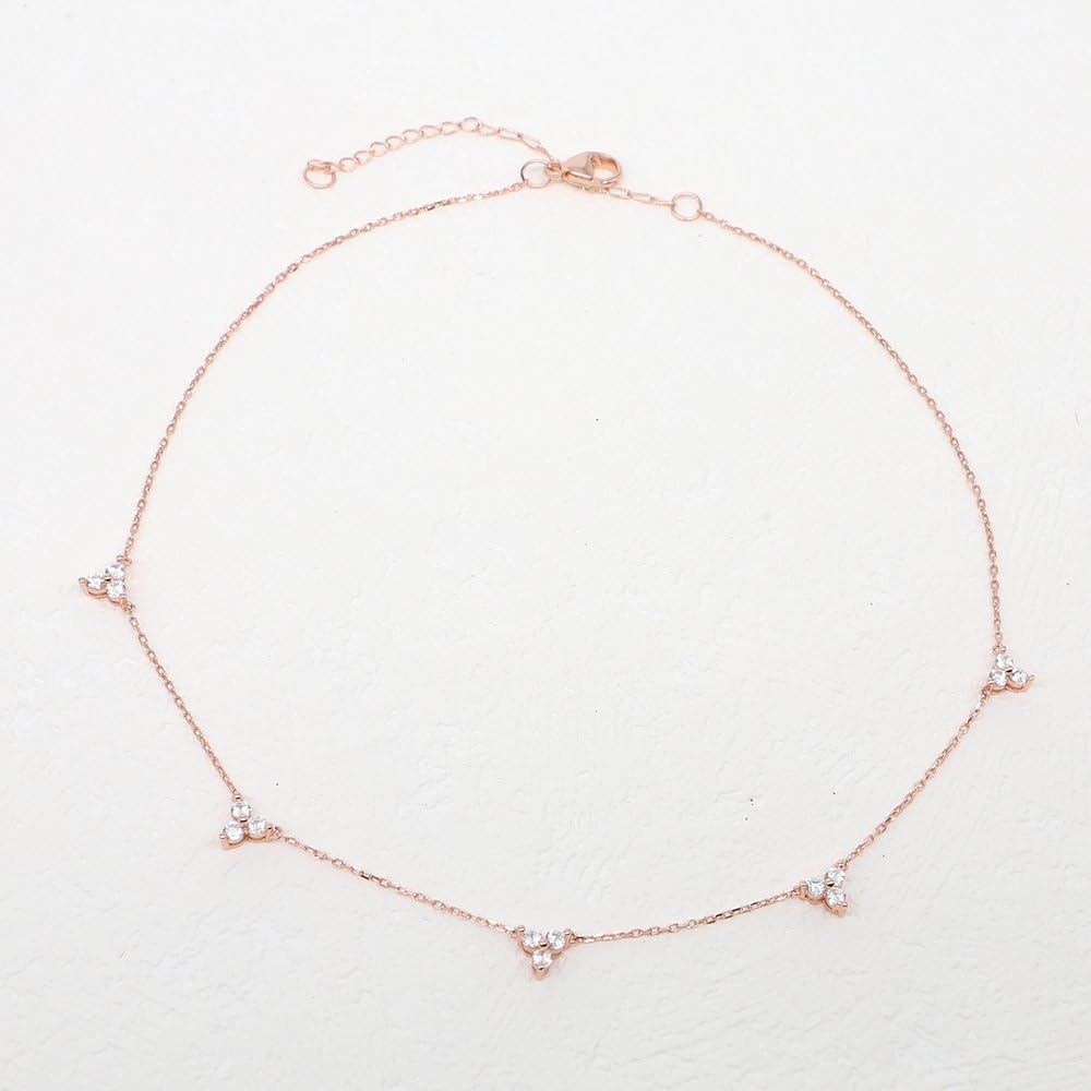 espere Sterling Silver Triple Cubic Zircon Stones Cluster Choker Chain Necklace 14-16 Inch, 3 Colors Available - Image 5