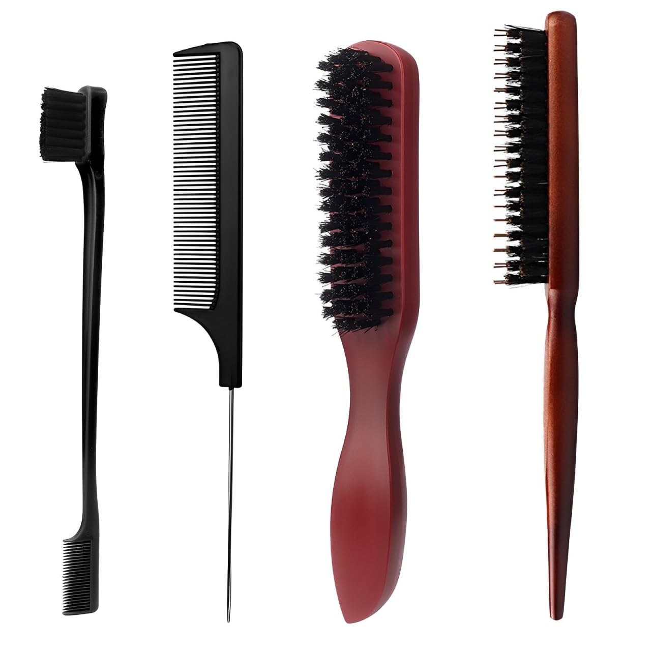 Black Bristle Slick-Back Hair Brush Set for Teasing Styling & Damaged Hair - Texture-Improving Combing Tool