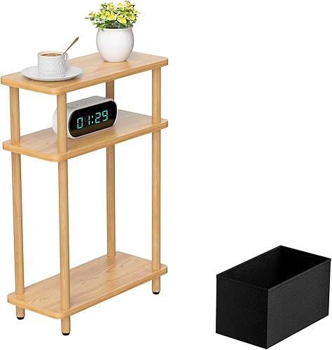 Mesa auxiliar estrecha con cesta de tela, 7 pulgadas de ancho, mesa auxiliar delgada de 3 niveles con patas de madera, mesita de noche delgada para