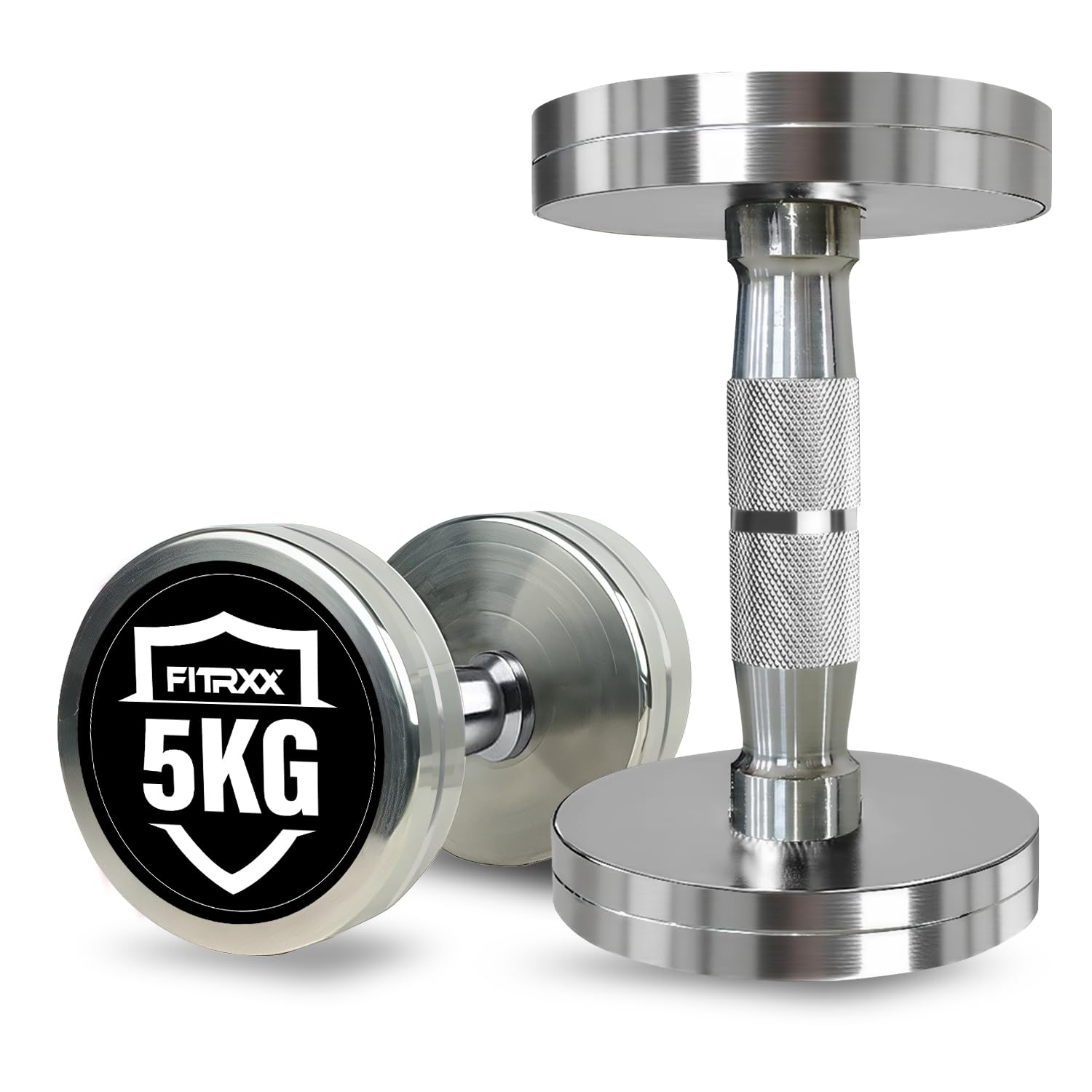 Fitrxx Pair of chrome plated steel Fixed Weight Dumbbells - Gym equipment for home workout | Fitness Gym Dumbbell set for Muscles | stainless steel dumbles set | Dumbell Weights for Workout (Silver, 5 Kg Pair)-picture-18