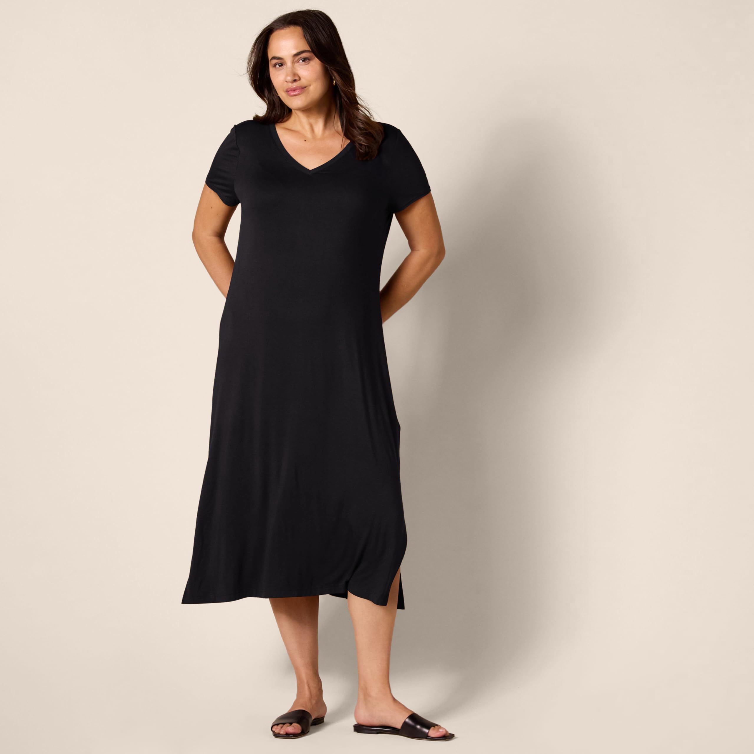 Amazon Essentials Vestido Midi de Punto de Manga Corta con Escote en Pico Mujer