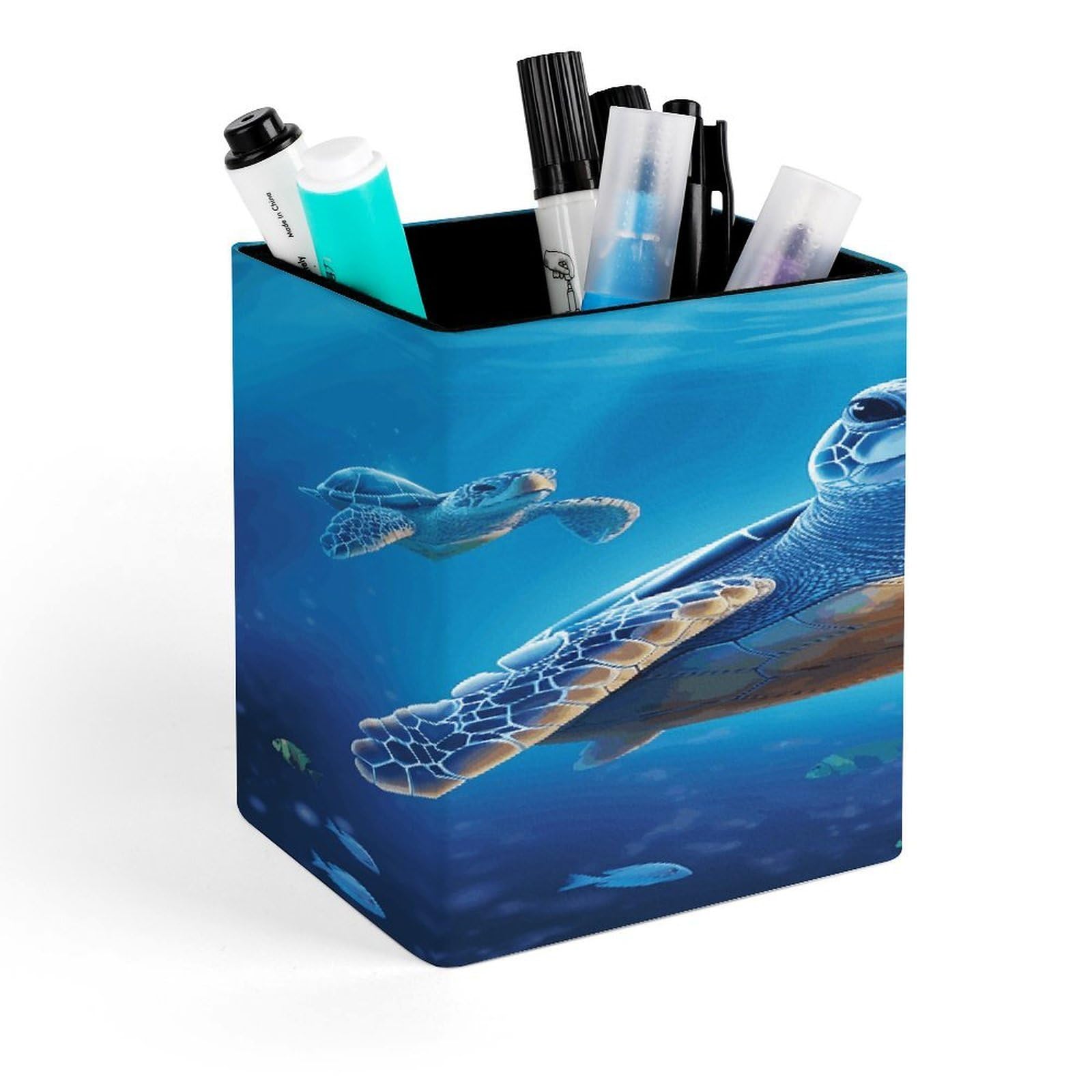 FekiLoot Turtle in Blue Water Pen Holder Personalized Desktop Pencil Holders Case Office Accessories Container Box for Square Pen Cup Desktop Organizer Makeup Brush Holder Caddy Storage