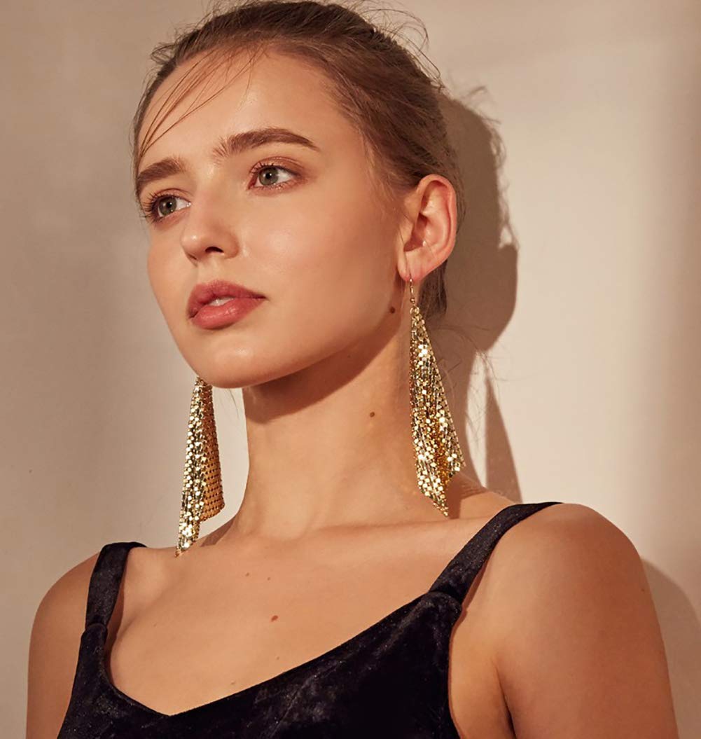 Trendy Long Drop Dangle Earrings - Metal Mesh Grid With Sequin Tassels, Alloy, Lightweight
