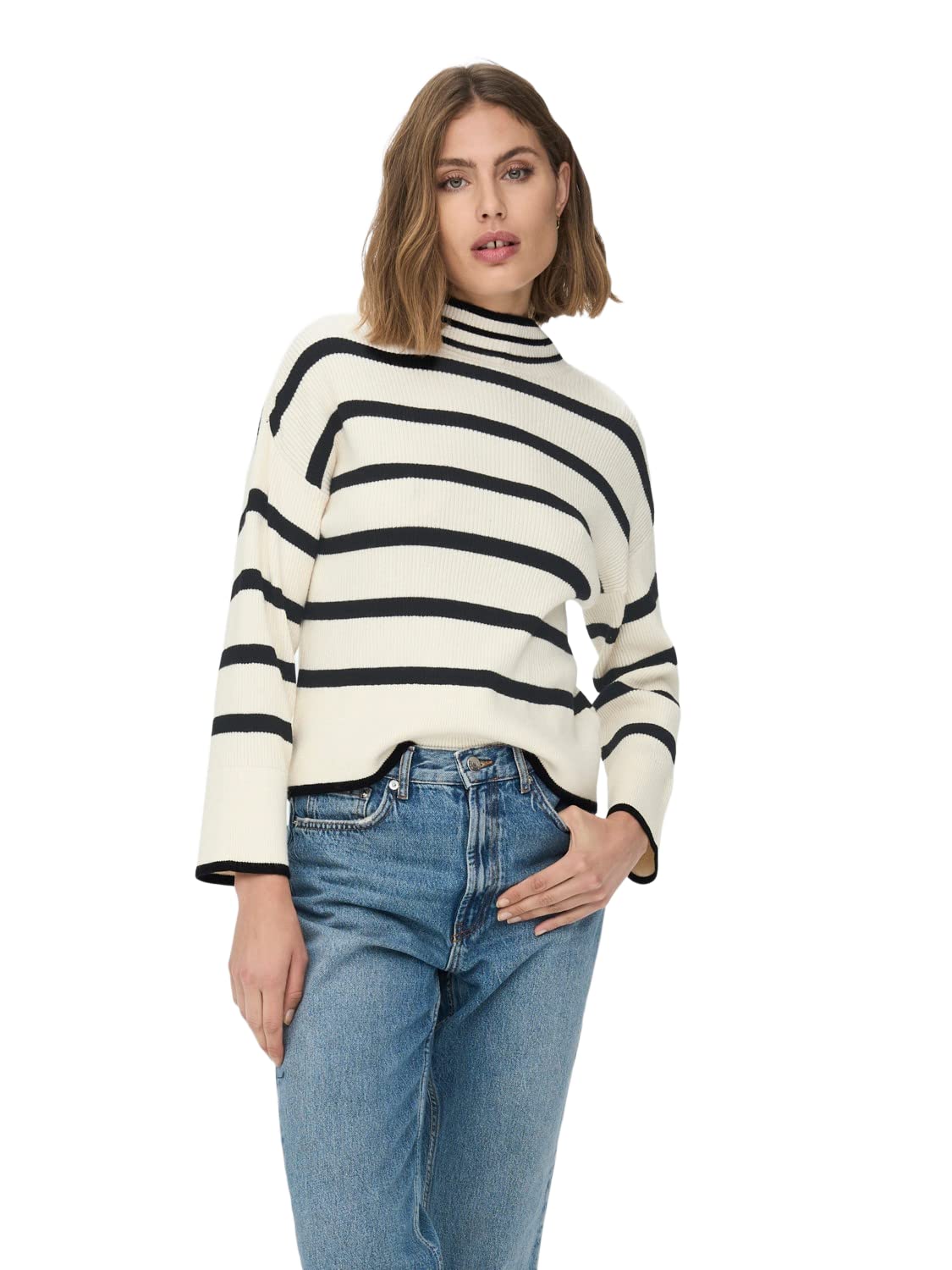 ONLY Women's Onlibi L/S Higneck Pullover CC KNT Sweater, Whitecap Grey/Stripes: White/Melange/Black, M