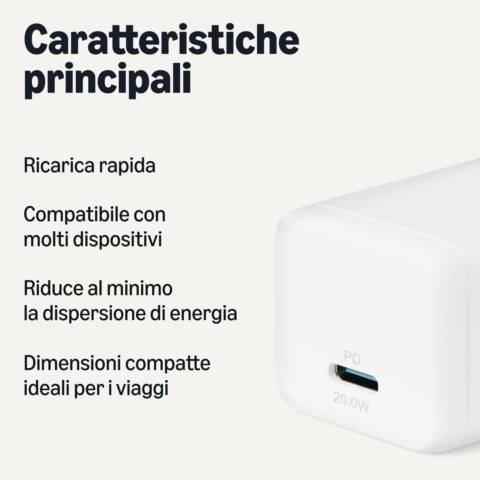 Amazon Basics Caricabatterie da Parete Nano GaN USB-C con Ricarica Rapida, 20W a 1 Porta PD 3.1 per Tablet e Smartphone, Bianco